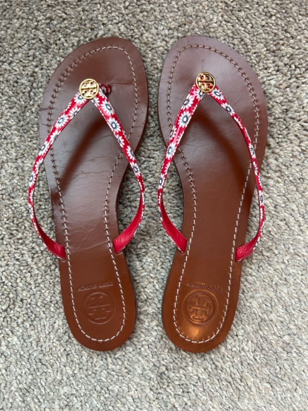 Tory Burch Red Floral Strap Brown Footbed Thong Sandals with Gold Logo